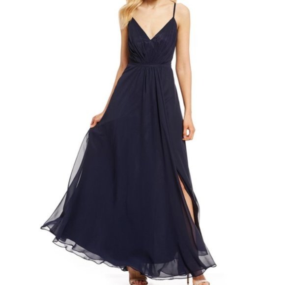 Eliza J Navy V-Neck Pleated Chiffon Gown Sz 4 - Picture 8 of 8